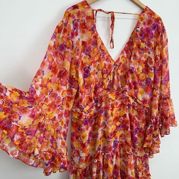 MISA Los Angeles Yasemin Bright Pink Orange Yellow Floral Chiffon Bell Sleeve Mi - Picture 14 of 16